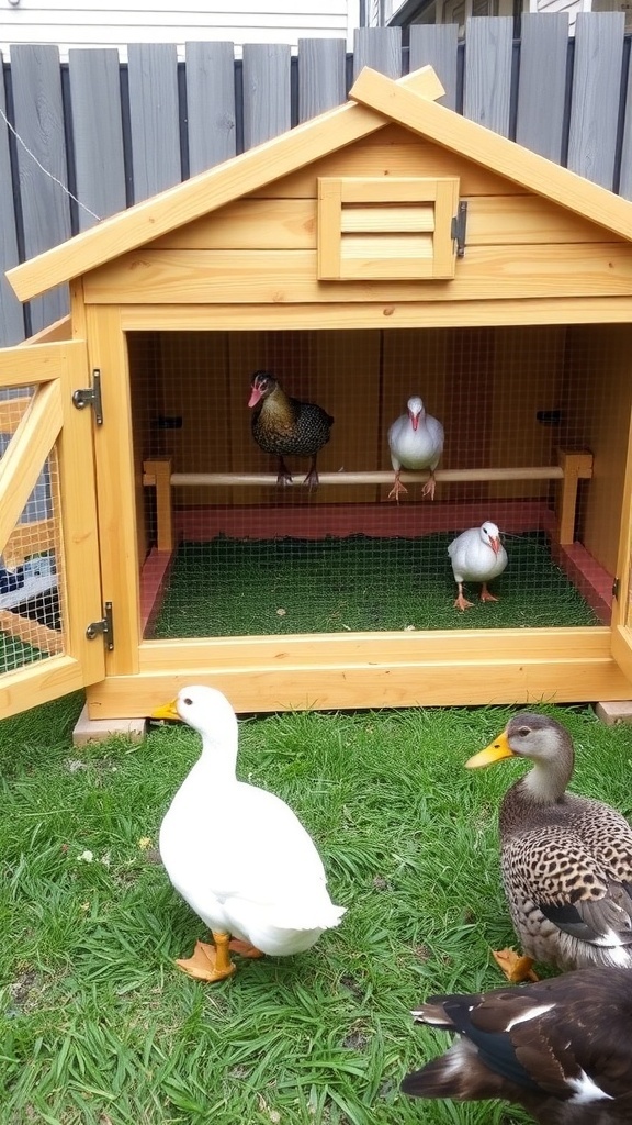 Building a Combined Duck and Chicken Coop Combined duck and chicken coop with nesting boxes and outdoor run, featuring chickens and ducks.